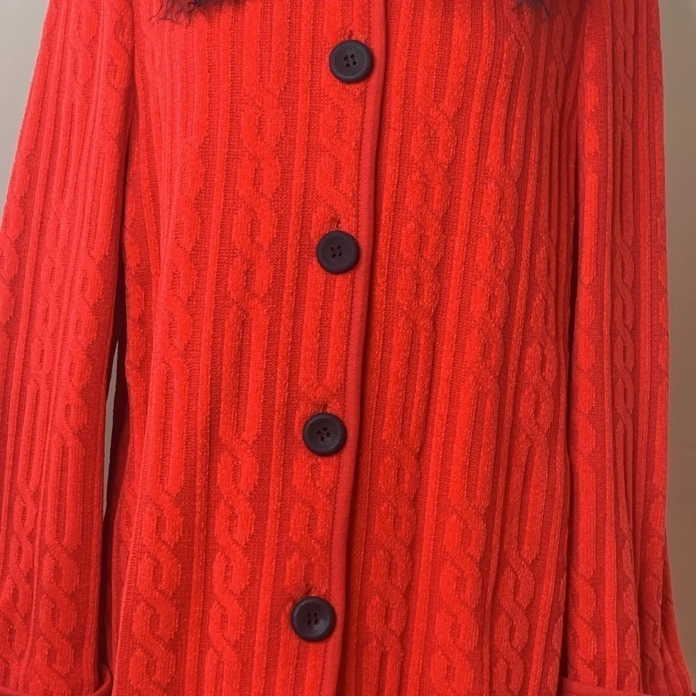 Lola Made in Italy Red Black Cable Knit Fur Collar Duster Cardigan Coat 8 44 - Picture 5 of 17